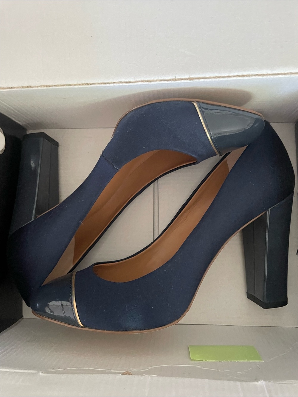 J. Crew Navy Block Heel Pumps with Patent Toe Cap